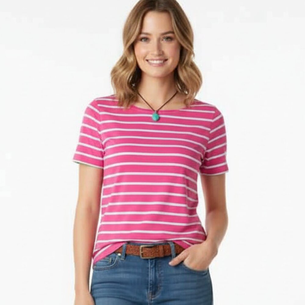 MICHAEL Michael Kors Boat Neck Pink/White Striped Top with Gold Zipper Sleeves S